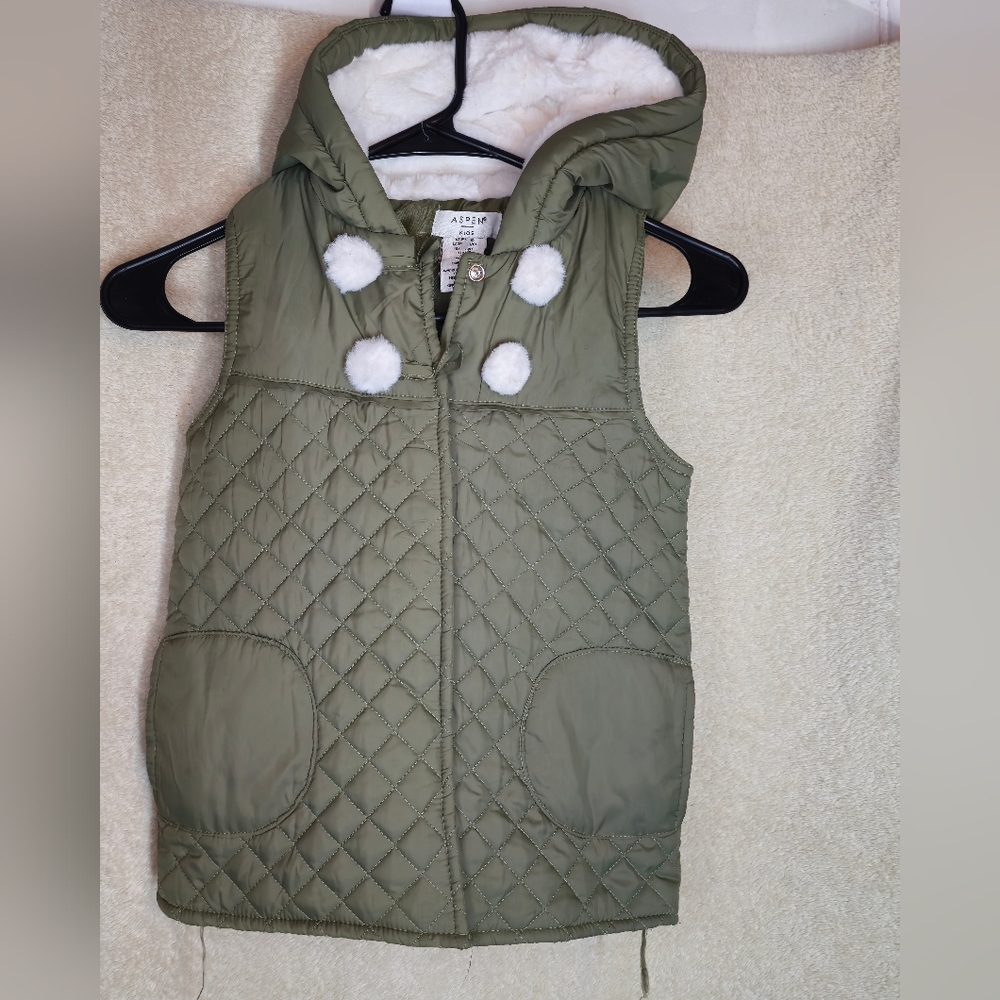 Aspen Kids Size M(7/8) Green Bubble Vest Sleeveless Quilted Puffer Hooded Fur